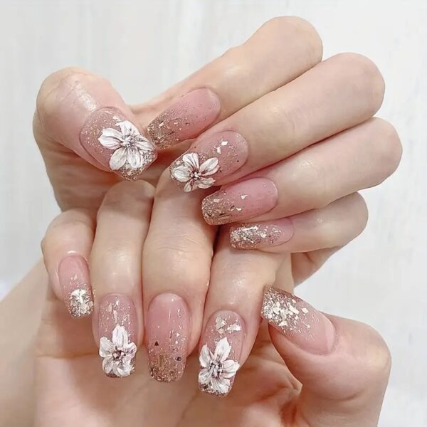 24 pcs Pink Floral Nails, includes stick and adhesive sticker